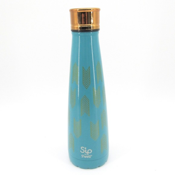 Sip by S'well Teal Water Bottle 15oz with Gold Chevron Design Insulated - Picture 1 of 7
